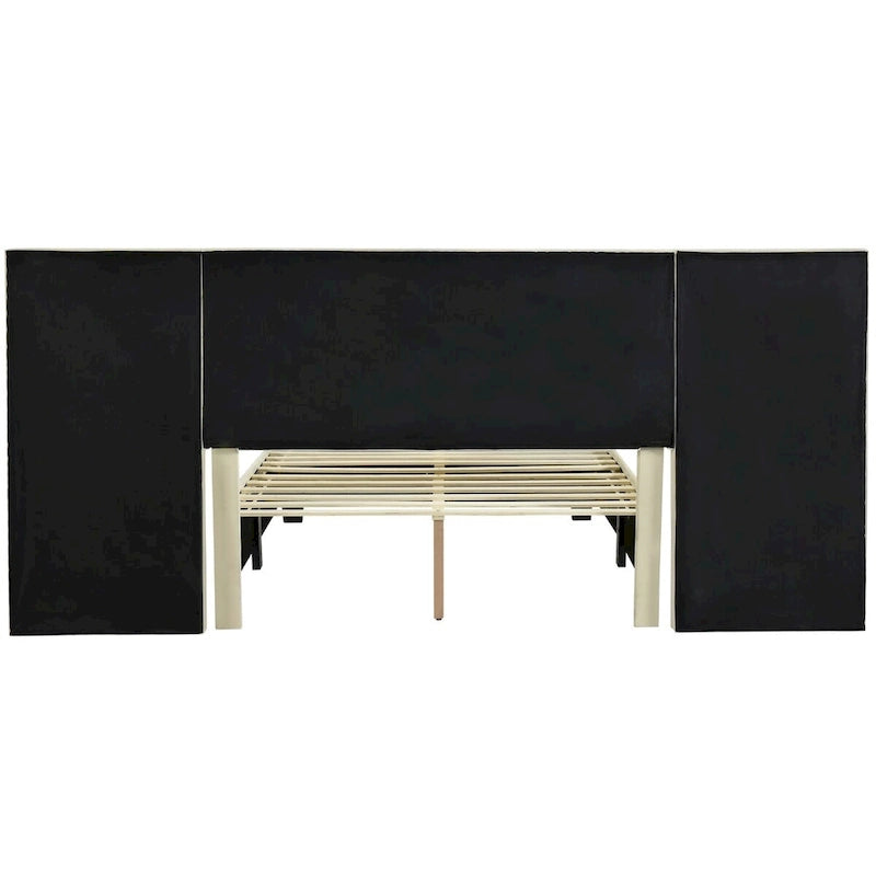 Upholstered Platform Bed with Headboard Shelves - Beige/Gray/Pink - Full/Queen