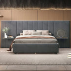 Upholstered Platform Bed with Headboard Shelves - Beige/Gray/Pink - Full/Queen