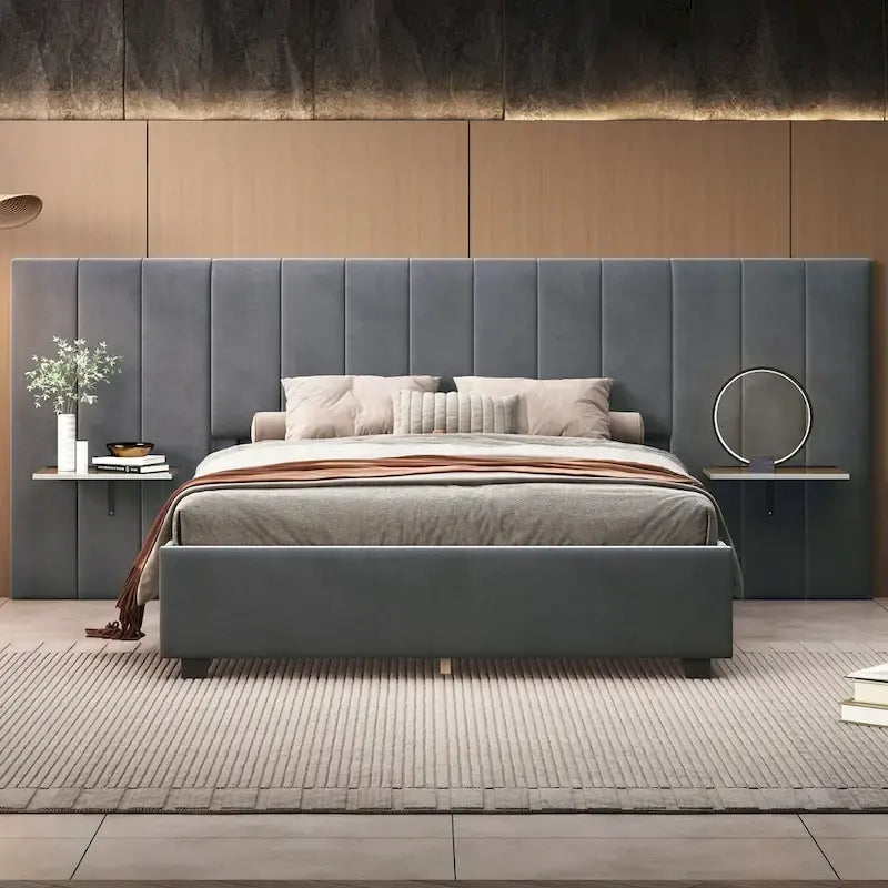 Upholstered Platform Bed with Headboard Shelves - Beige/Gray/Pink - Full/Queen