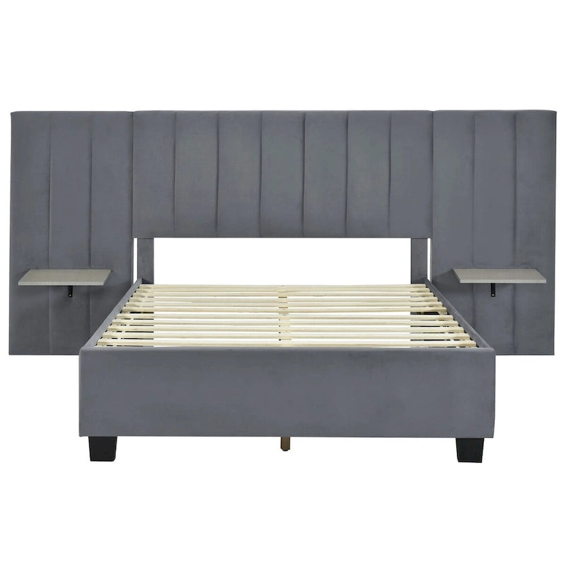 Upholstered Platform Bed with Headboard Shelves - Beige/Gray/Pink - Full/Queen