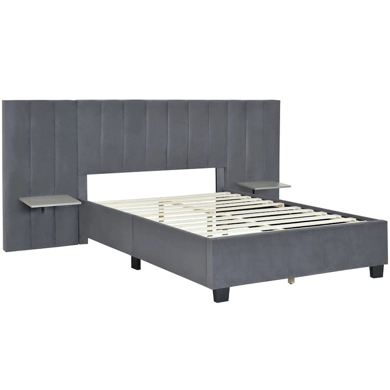 Upholstered Platform Bed with Headboard Shelves - Beige/Gray/Pink - Full/Queen