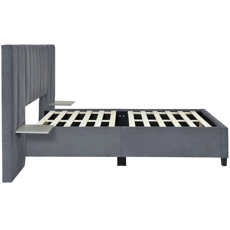 Upholstered Platform Bed with Headboard Shelves - Beige/Gray/Pink - Full/Queen