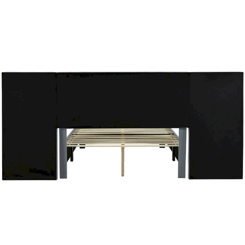 Upholstered Platform Bed with Headboard Shelves - Beige/Gray/Pink - Full/Queen