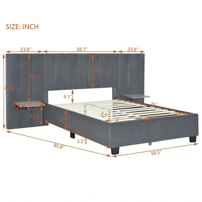 Upholstered Platform Bed with Headboard Shelves - Beige/Gray/Pink - Full/Queen