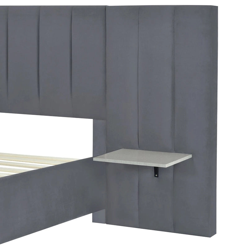 Upholstered Platform Bed with Headboard Shelves - Beige/Gray/Pink - Full/Queen