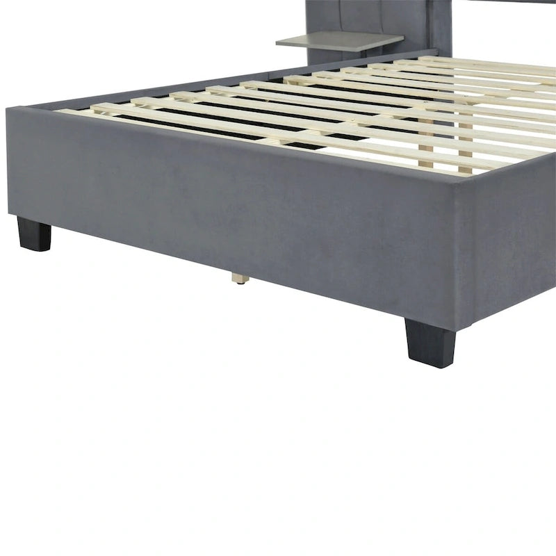 Upholstered Platform Bed with Headboard Shelves - Beige/Gray/Pink - Full/Queen