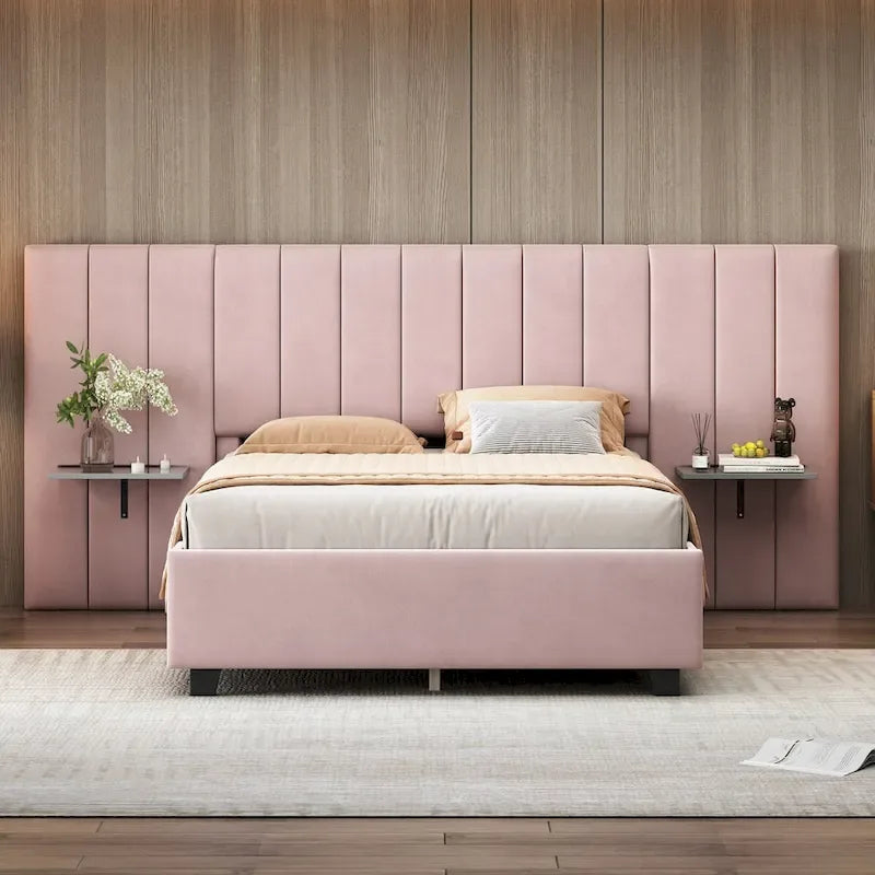 Upholstered Platform Bed with Headboard Shelves - Beige/Gray/Pink - Full/Queen