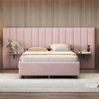 Upholstered Platform Bed with Headboard Shelves - Beige/Gray/Pink - Full/Queen