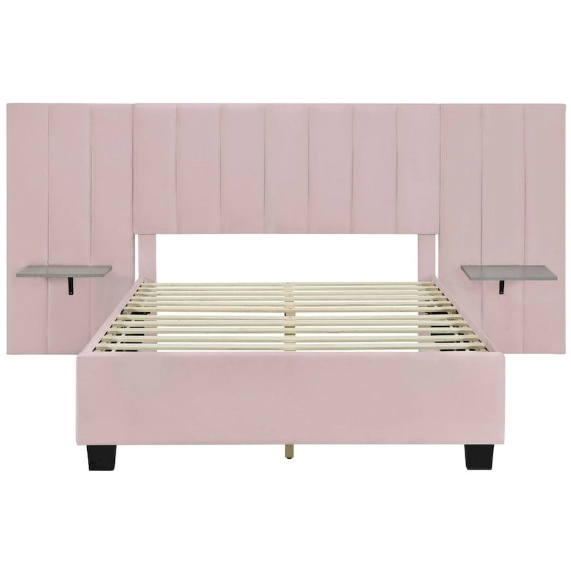 Upholstered Platform Bed with Headboard Shelves - Beige/Gray/Pink - Full/Queen