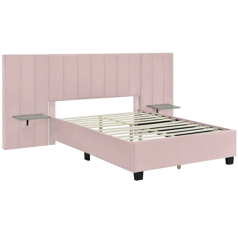 Upholstered Platform Bed with Headboard Shelves - Beige/Gray/Pink - Full/Queen
