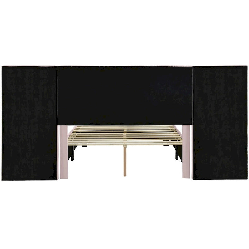 Upholstered Platform Bed with Headboard Shelves - Beige/Gray/Pink - Full/Queen