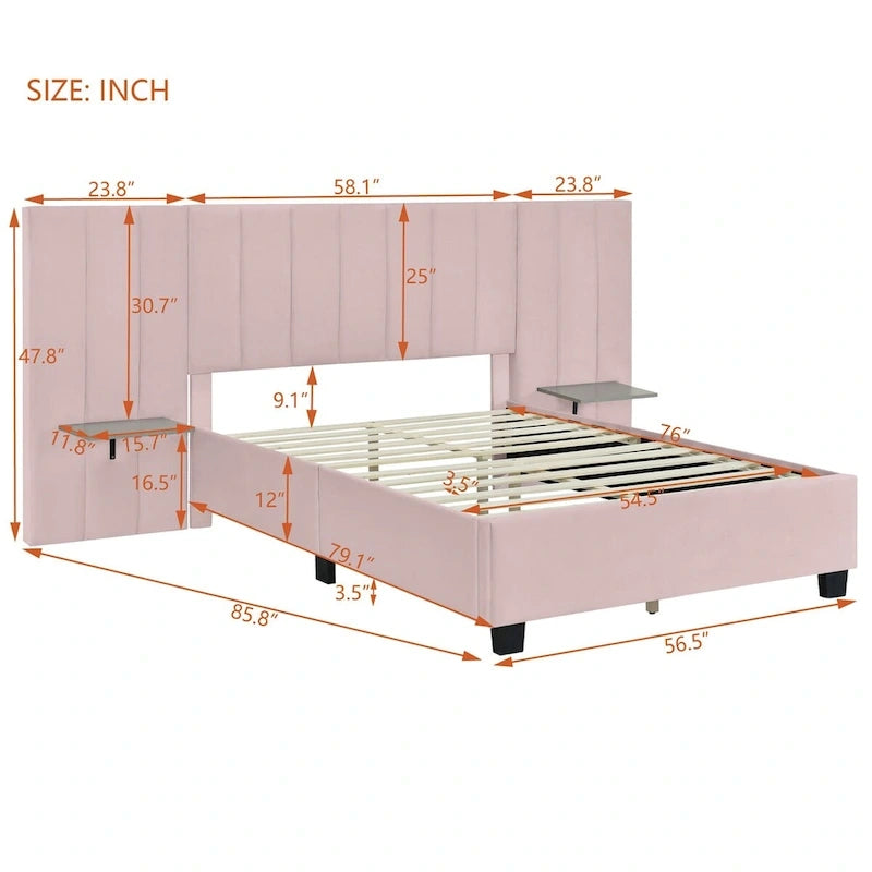 Upholstered Platform Bed with Headboard Shelves - Beige/Gray/Pink - Full/Queen