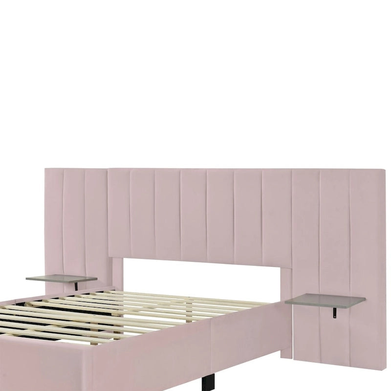 Upholstered Platform Bed with Headboard Shelves - Beige/Gray/Pink - Full/Queen