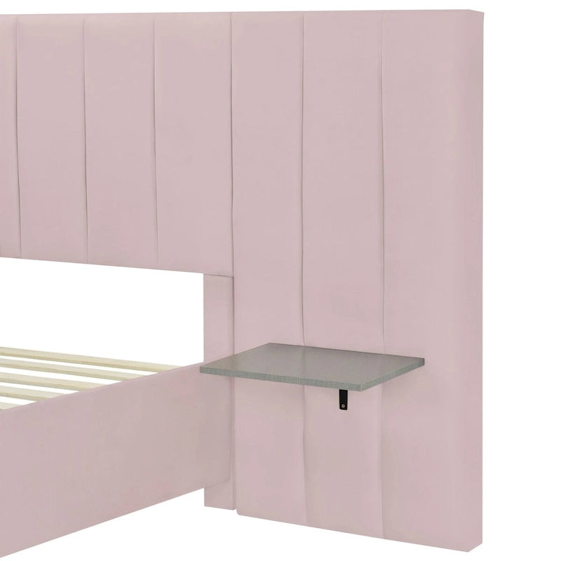 Upholstered Platform Bed with Headboard Shelves - Beige/Gray/Pink - Full/Queen