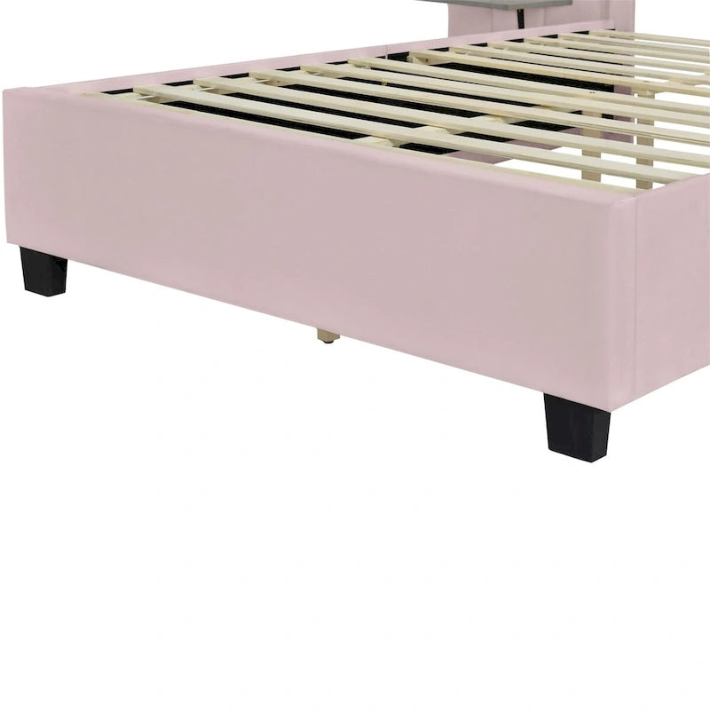 Upholstered Platform Bed with Headboard Shelves - Beige/Gray/Pink - Full/Queen