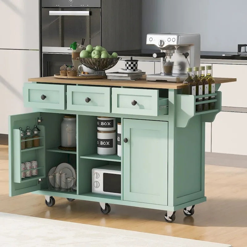 Kitchen Cart with Rubber Wood Drop-Leaf Counter Top