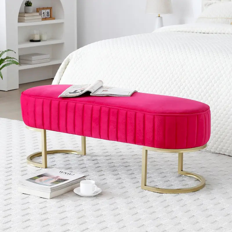 Bench Bedroom Bench ,Velvet Oval Upholstered End of Bed Bench with Golden Metal Legs ,48 Modern Storage Ottoman Bench