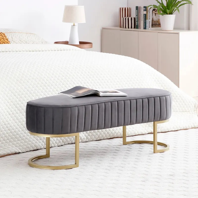 Bench Bedroom Bench ,Velvet Oval Upholstered End of Bed Bench with Golden Metal Legs ,48 Modern Storage Ottoman Bench