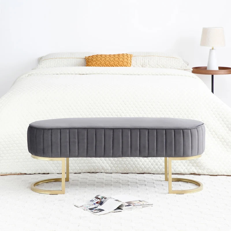 Bench Bedroom Bench ,Velvet Oval Upholstered End of Bed Bench with Golden Metal Legs ,48 Modern Storage Ottoman Bench