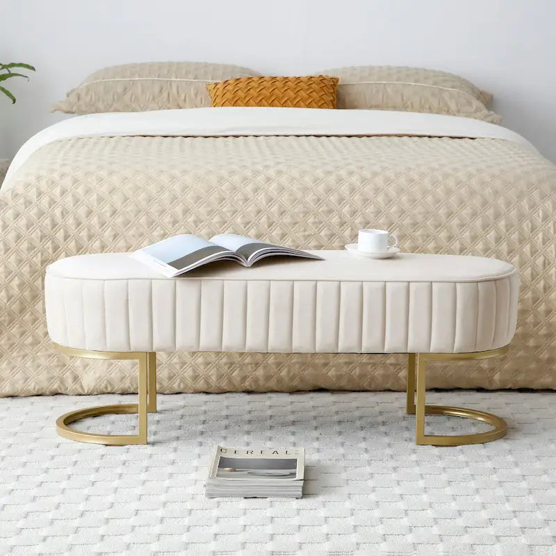 Bench Bedroom Bench ,Velvet Oval Upholstered End of Bed Bench with Golden Metal Legs ,48 Modern Storage Ottoman Bench