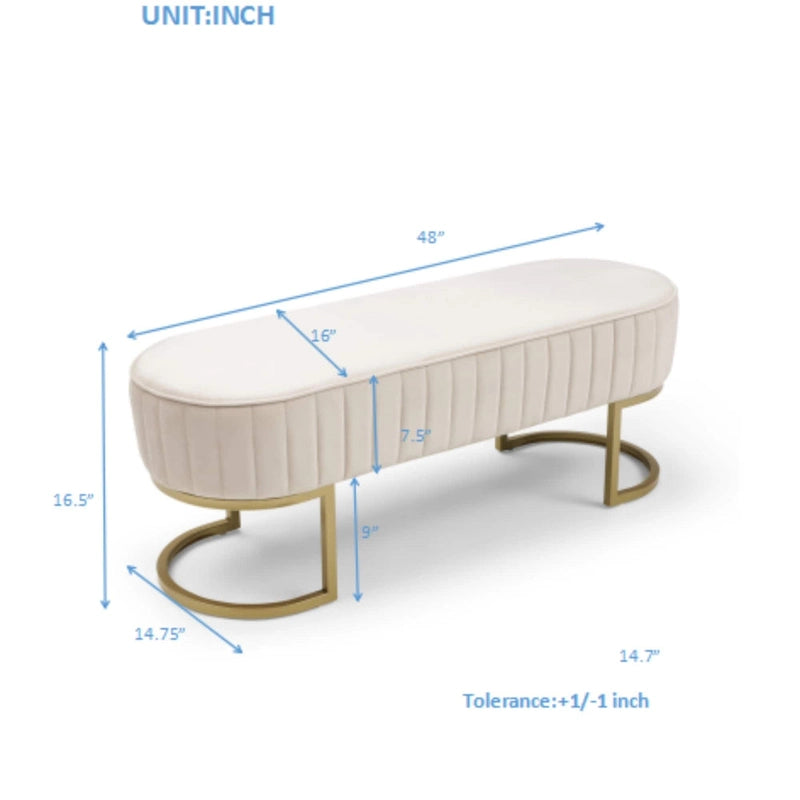 Bench Bedroom Bench ,Velvet Oval Upholstered End of Bed Bench with Golden Metal Legs ,48 Modern Storage Ottoman Bench