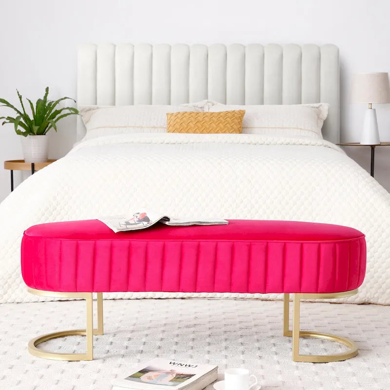 Bench Bedroom Bench ,Velvet Oval Upholstered End of Bed Bench with Golden Metal Legs ,48 Modern Storage Ottoman Bench