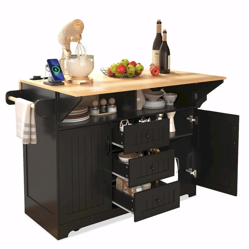 55.7 Kitchen Island with Drop Leaves, Rolling Cart with Power Outlet, Spice Rack, and 3 Drawers