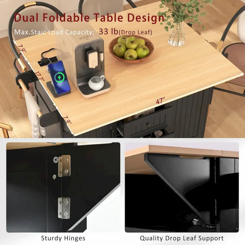 55.7 Kitchen Island with Drop Leaves, Rolling Cart with Power Outlet, Spice Rack, and 3 Drawers