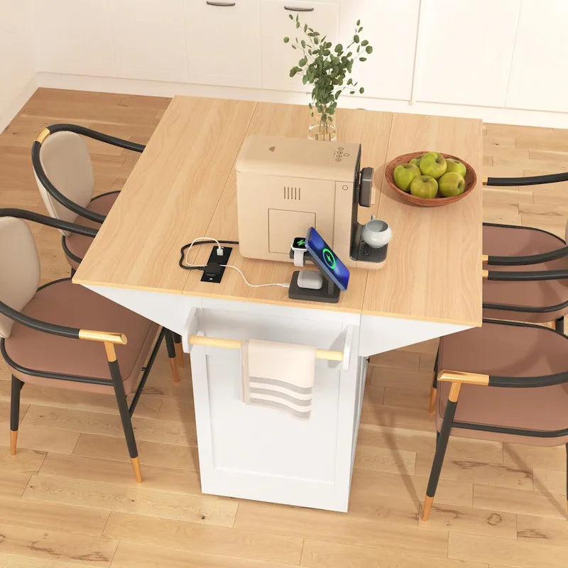 55.7 Kitchen Island with Drop Leaves, Rolling Cart with Power Outlet, Spice Rack, and 3 Drawers