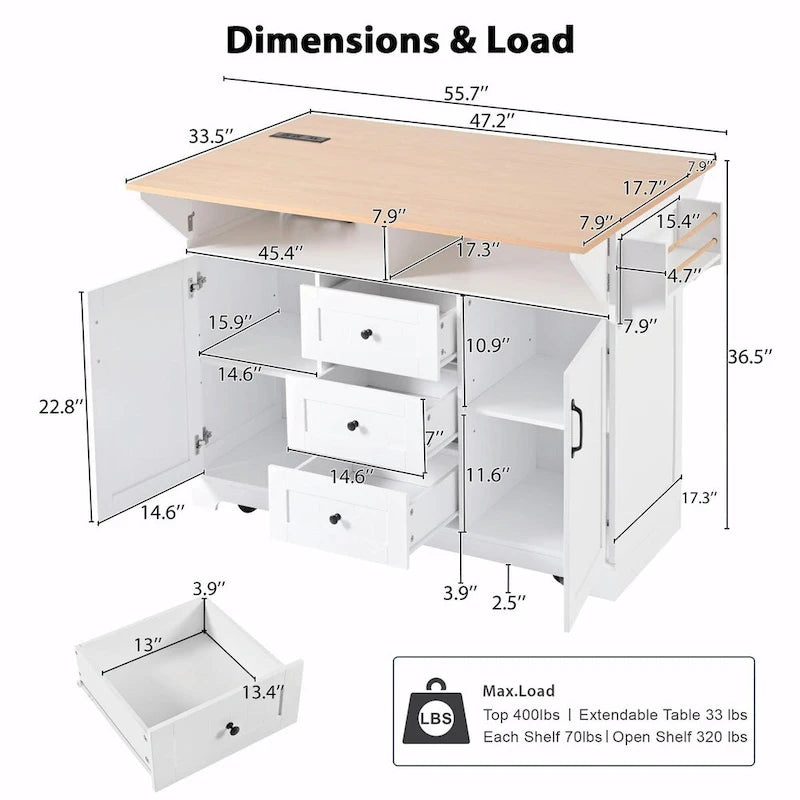 55.7 Kitchen Island with Drop Leaves, Rolling Cart with Power Outlet, Spice Rack, and 3 Drawers