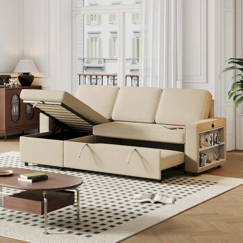 Convertible Sleeper Sofa Bed with Storage Chaise and USB Port, L-Shaped Couch,Beige