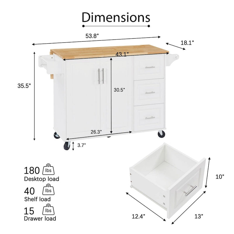 Kitchen Island with Drop Leaf Countertop and Rolling Cart