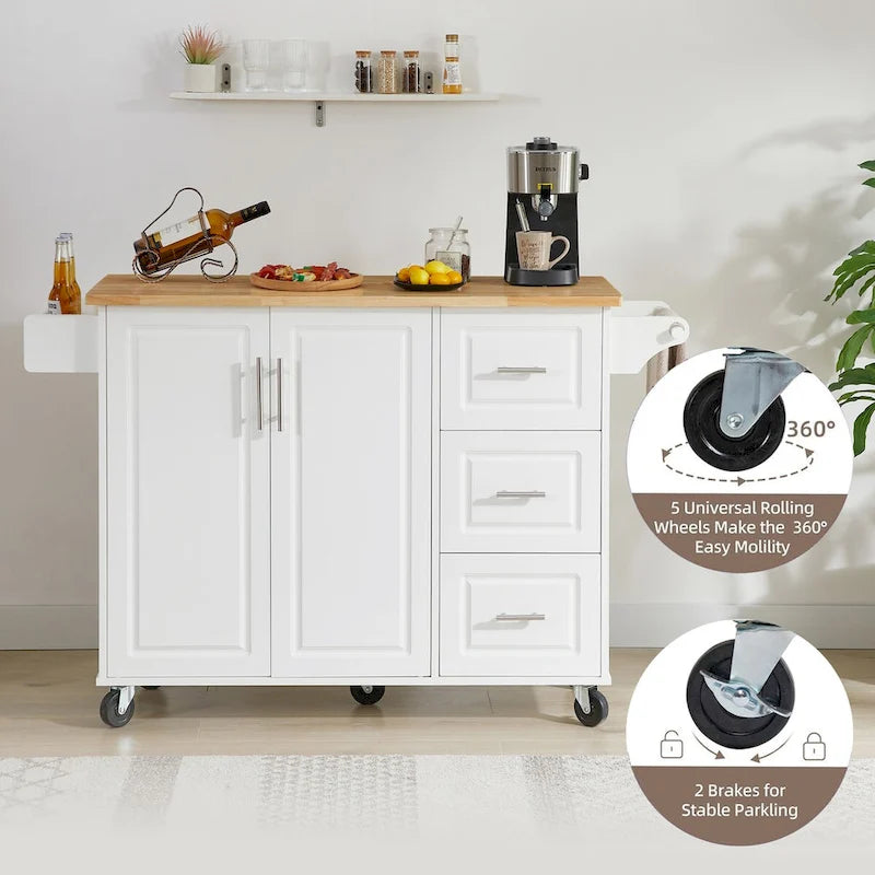 Kitchen Island with Drop Leaf Countertop and Rolling Cart