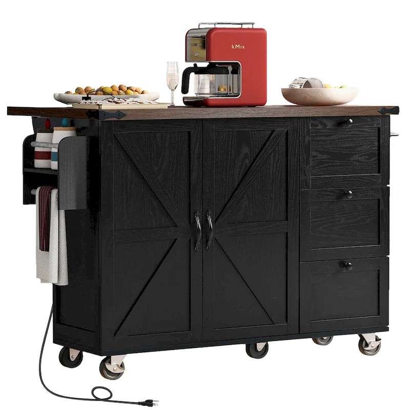 Farmhouse Kitchen Island with Power Outlet and Rolling Cart