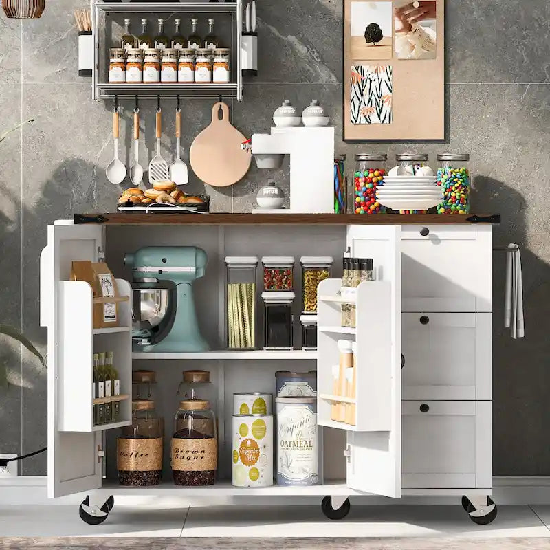 Farmhouse Kitchen Island with Power Outlet and Rolling Cart
