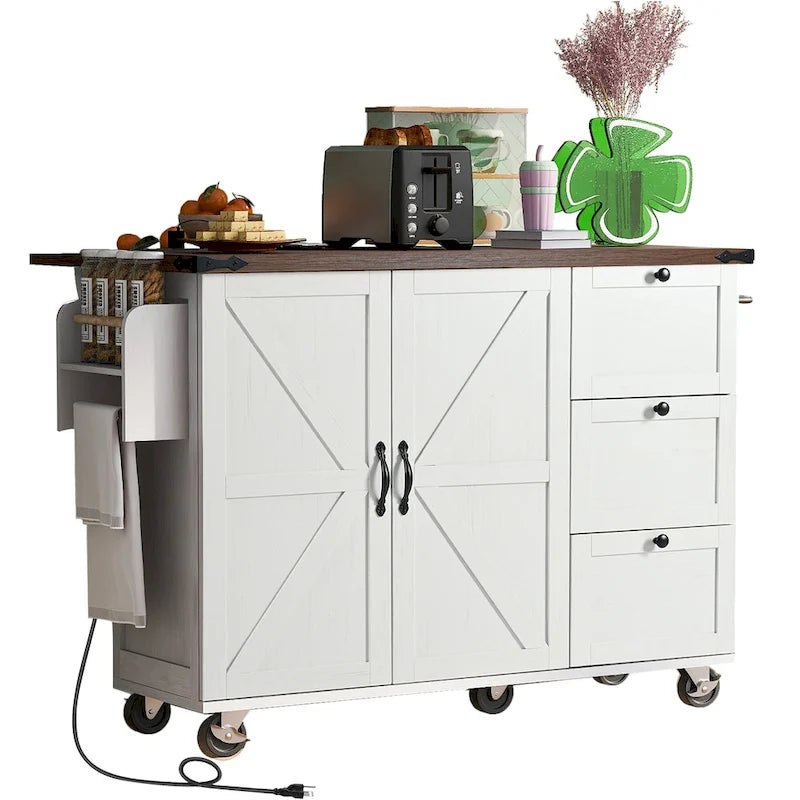 Farmhouse Kitchen Island with Power Outlet and Rolling Cart