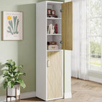 Tall Storage Cabinet - White & Natural - 6 Shelves