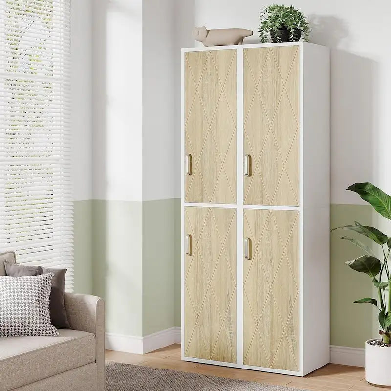 Tall Storage Cabinet - White & Natural - 6 Shelves