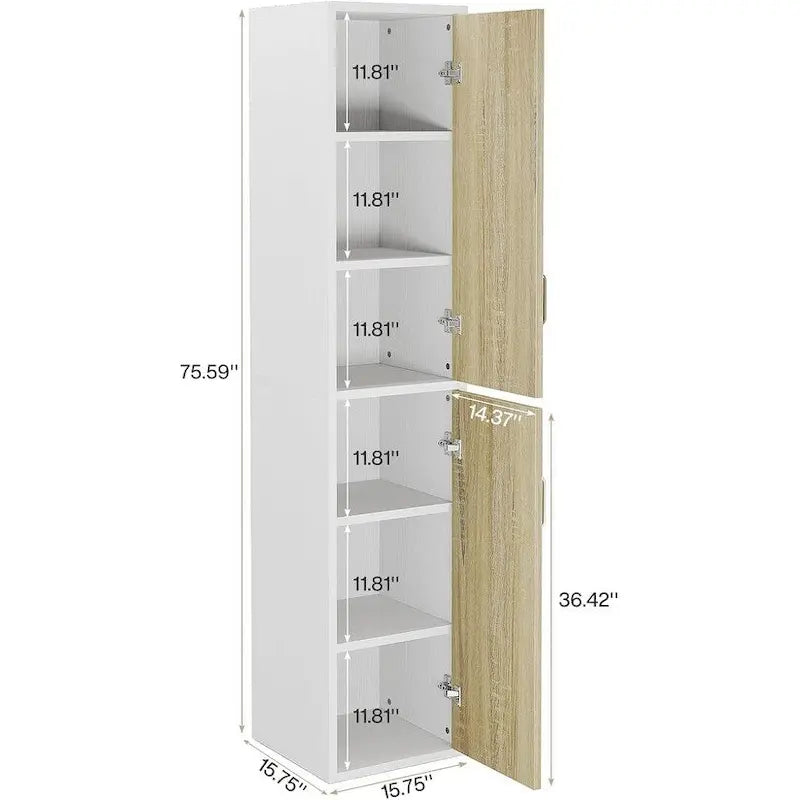 Tall Storage Cabinet - White & Natural - 6 Shelves