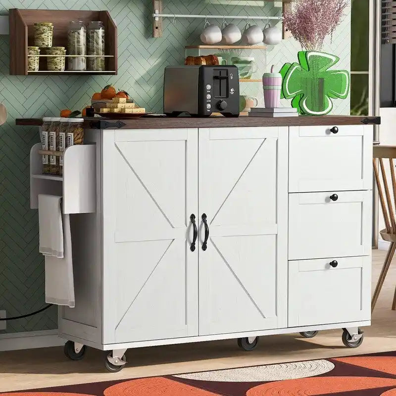 Farmhouse Kitchen Island with Power Outlet, Drop Leaf, Rolling Kitchen Cart