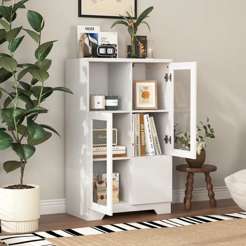 Wooden Floor Cabinet with 2 Glass Doors and 2 Storage Space