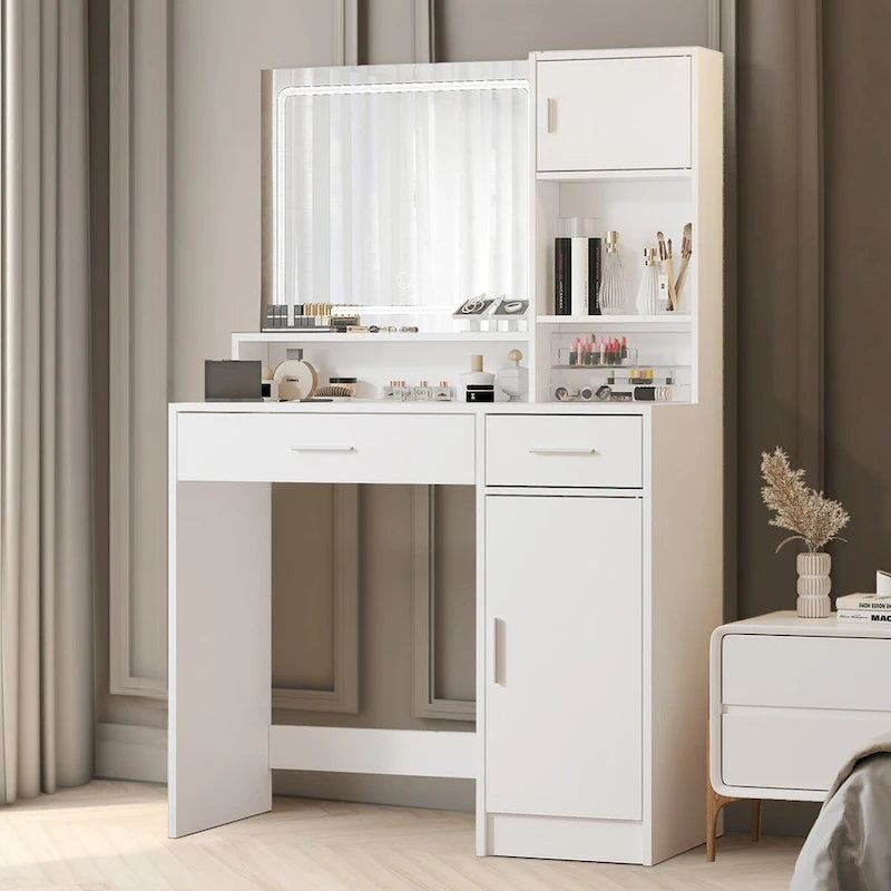 Roomfitters Vanity Desk with LED Lighted Mirror, Makeup Table with Drawers & Cabinet, Vanity Table with Storage