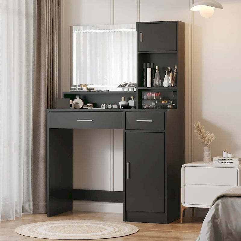 Roomfitters Vanity Desk with LED Lighted Mirror, Makeup Table with Drawers & Cabinet, Vanity Table with Storage