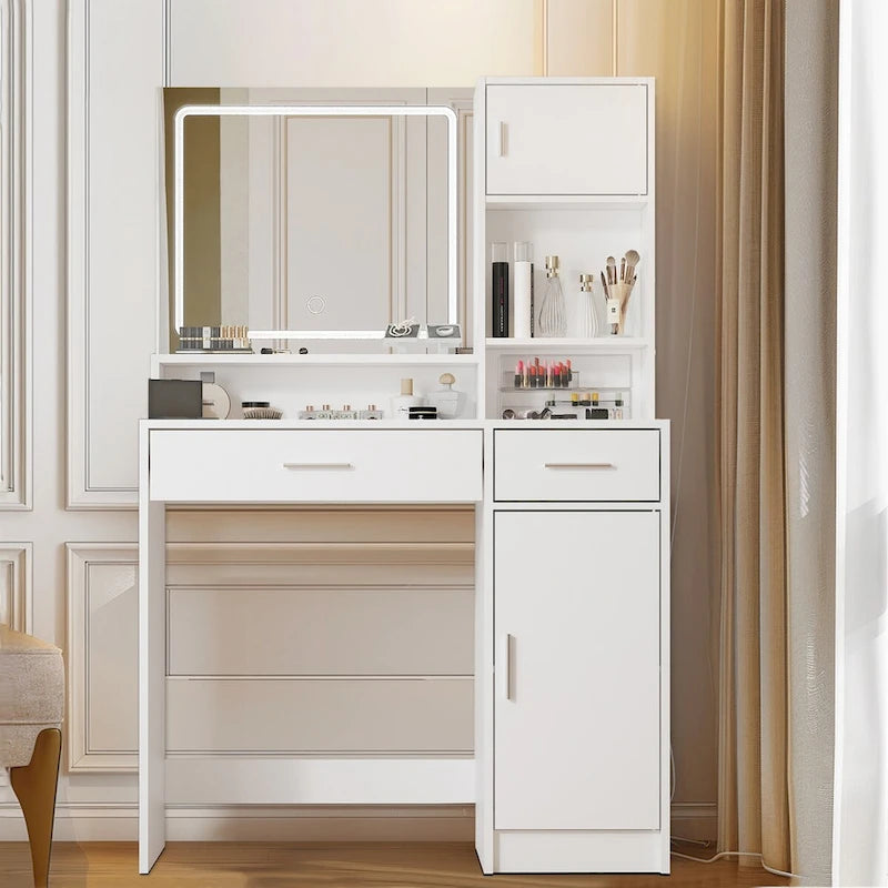 Roomfitters Vanity Desk with LED Lighted Mirror, Makeup Table with Drawers & Cabinet, Vanity Table with Storage