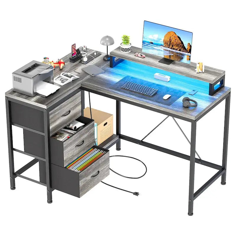 GIMMYFIVE L Shaped Gaming Desk with Power Outlets & LED Lights