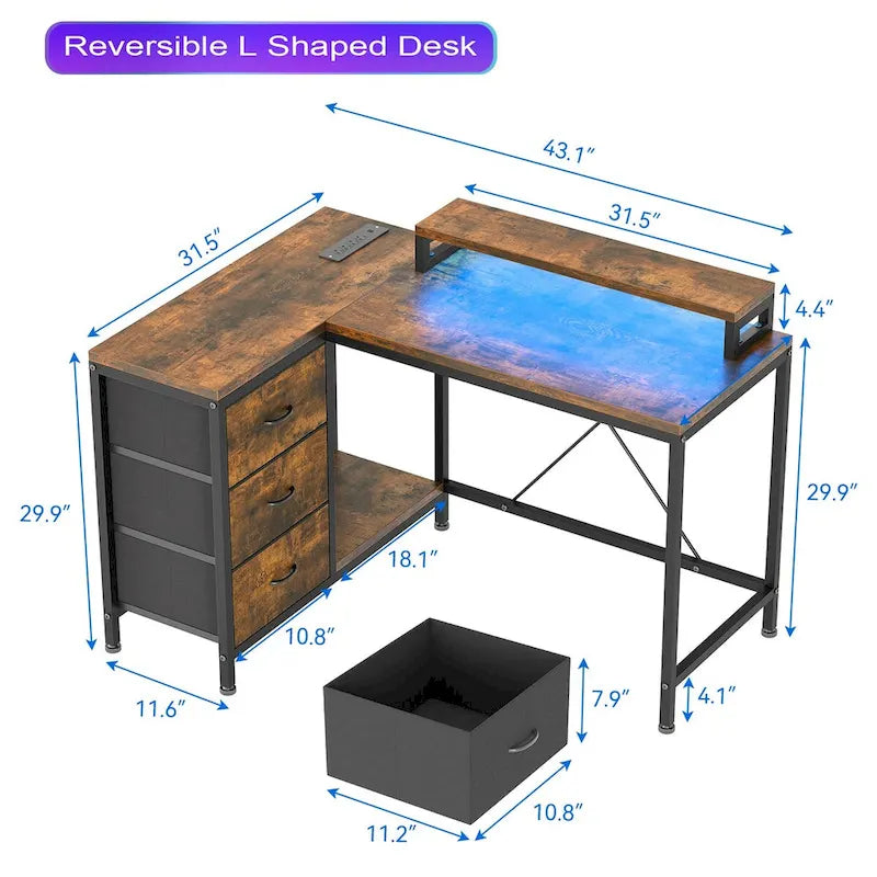 GIMMYFIVE L Shaped Gaming Desk with Power Outlets & LED Lights