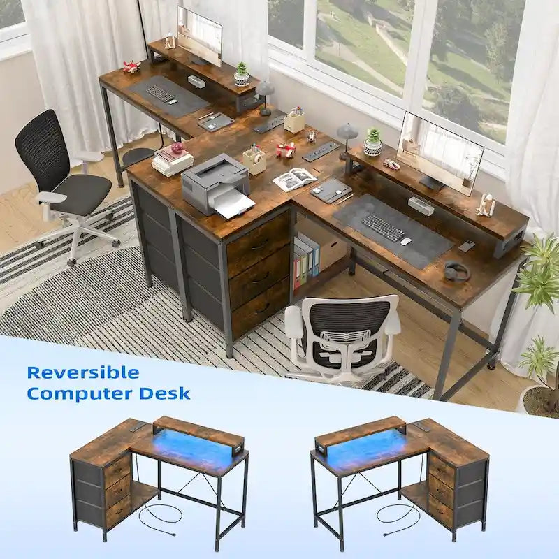 GIMMYFIVE L Shaped Gaming Desk with Power Outlets & LED Lights