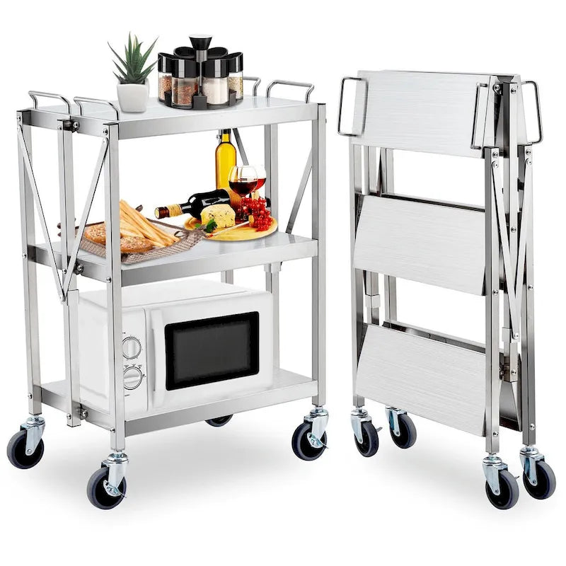 Foldable Utility Silver 3-Tier Service Cart with Wheels Lockable - N/A