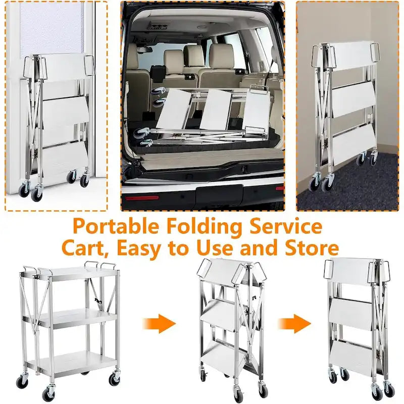 Foldable Utility Silver 3-Tier Service Cart with Wheels Lockable - N/A