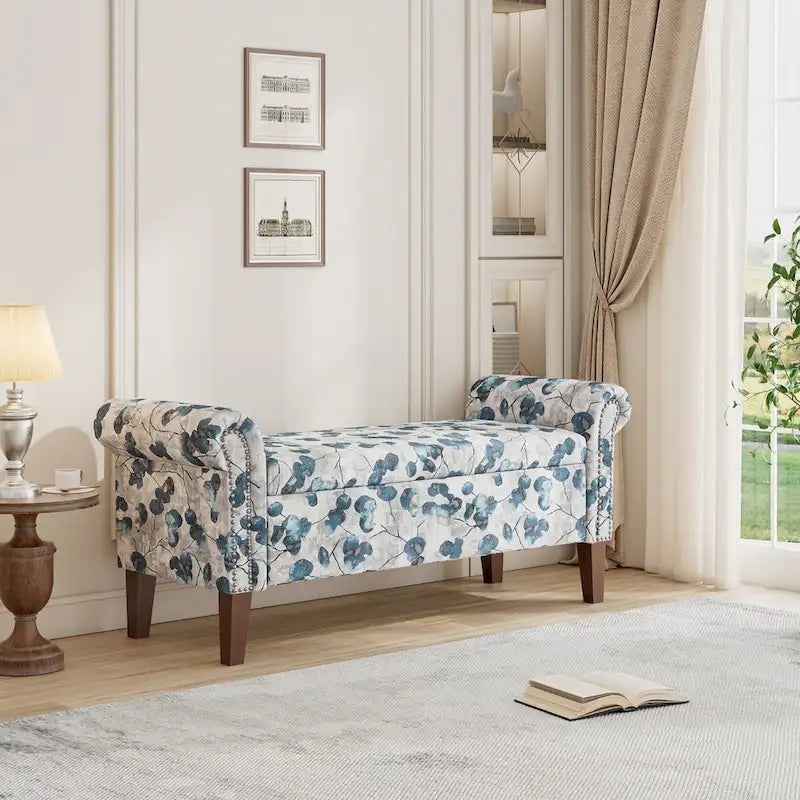 Floral Traditional Storage Bench Ottoman with Rolled Arms